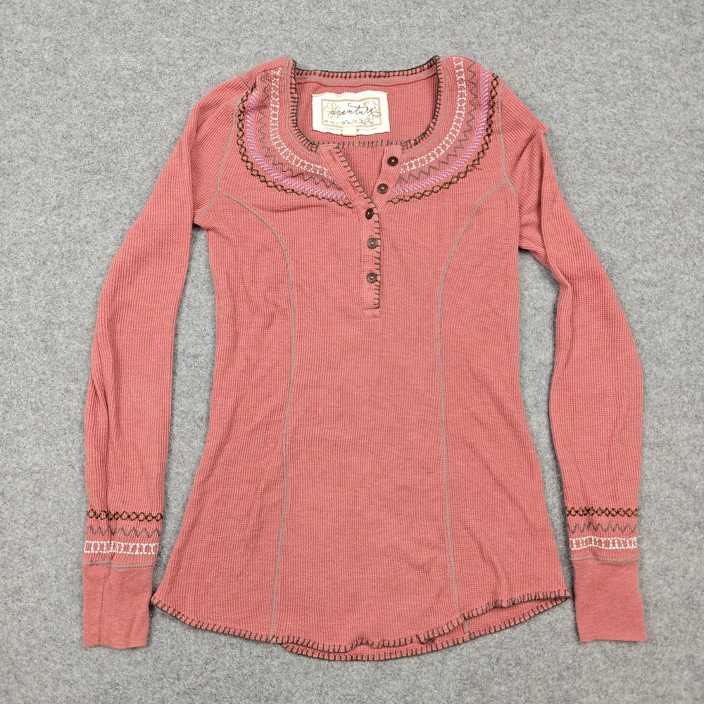 Aventura‎ Shirt Womens XS Pink Thermal Waffle Henley Embroidered Long Sleeve Top